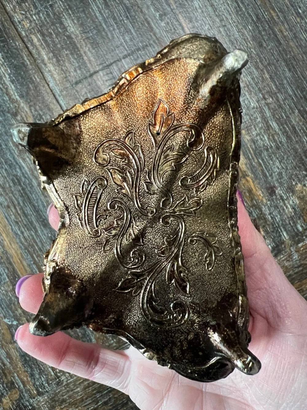 Ornate Butterfly Filigree Trinket Box in Antique Gold and Red Vintage
